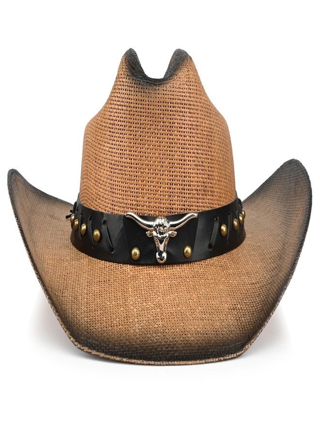 Foeran Retro Cowgirl Hats Western Straw hat,Mens Womens Cowboy Hat with Metal Texture,Bull Head Badge Hats (US, Alpha, Medium, Large, Brown) - Image 2